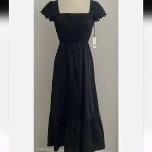 JASON WU LONG BLACK CAP SLEEVES EYELET CUT OUT BACK SMOCKED DRESS SIZE LARGE